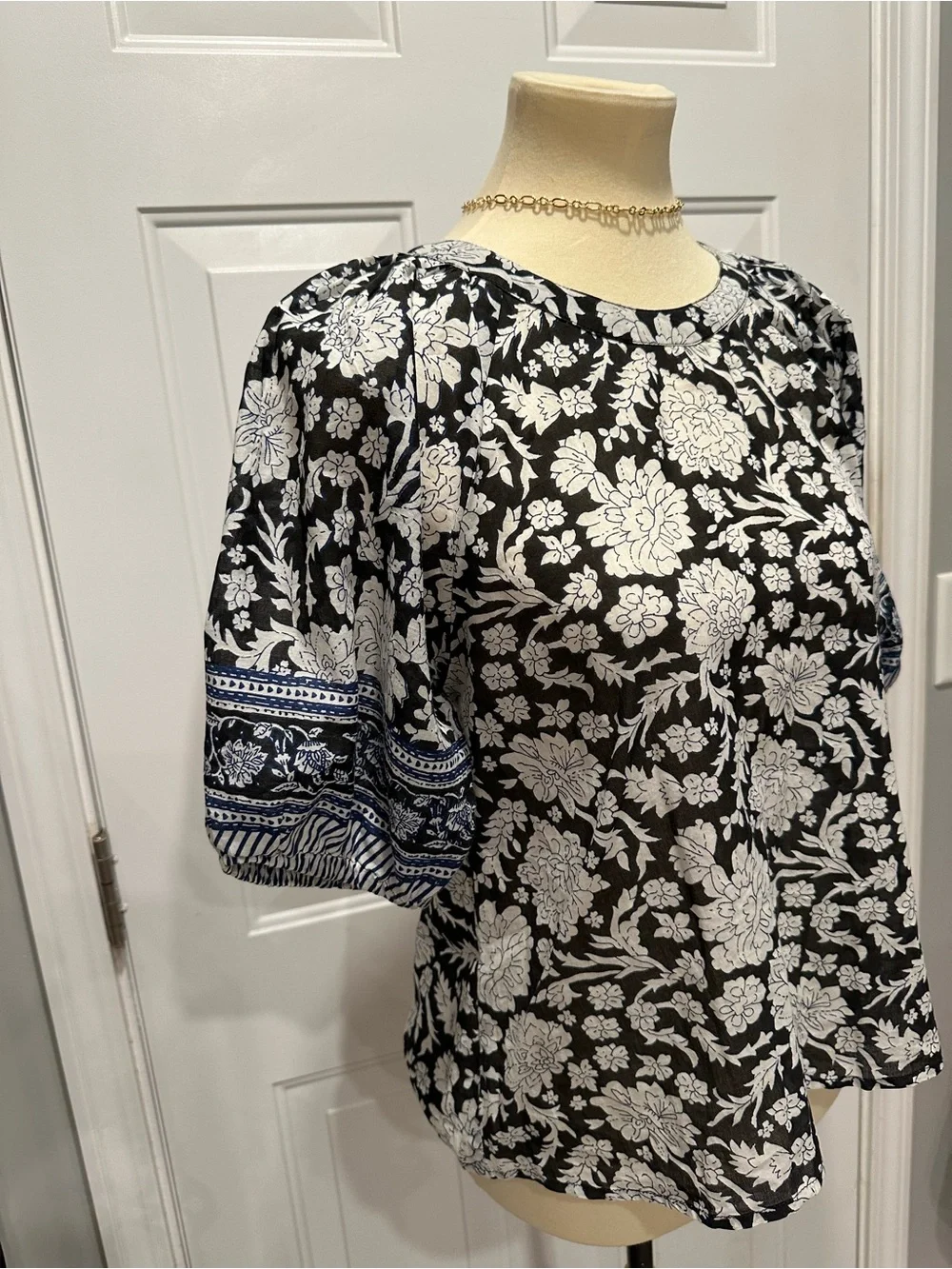 Anthropologie Black and White Floral Puff-Sleeve Top with Blue Trim